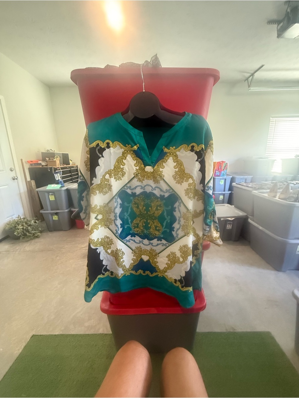New York & Company Teal, Gold & White Patterned Blouse mp21